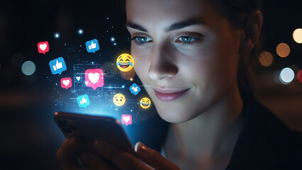 A woman smiling while looking at her smartphone, with social media reaction icons surrounding her face.