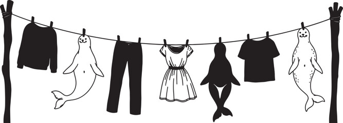 Hanging clothes with ghostly figures on transparent background
