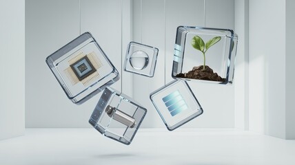 Floating transparent cubes showcase innovative technology and sustainable growth
