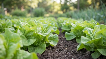 Fresh green lettuce growing in neat rows in an organic garden during a sunny day, sustainable agriculture and healthy food production for local farming and nutrition