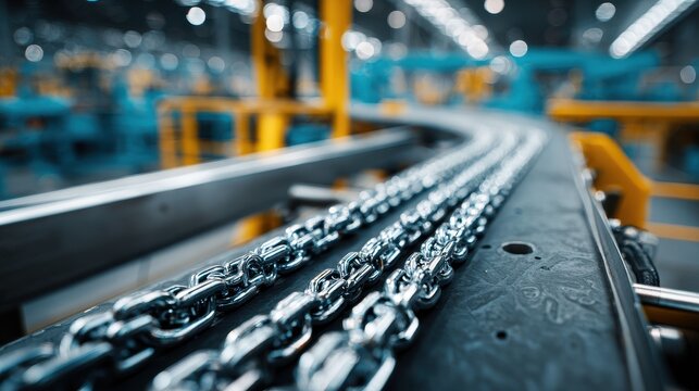 Industrial metal chains on a conveyor belt in a factory setting