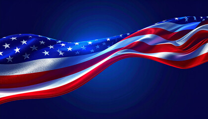 Waving United States Flag Against Deep Blue Sky Symbol of Patriotism, Freedom, and Pride.