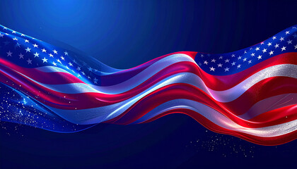 Dynamic American Flag Ribbons Wave Across Deep Blue Sky in Patriotic Celebration.