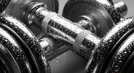 Shiny metal weights for exercise with water or sweat drops on them, looking clean and powerful for a fitness background