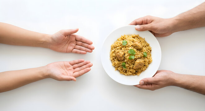 Hands Offering Plate of Chicken Rice as a Symbol of Food Sharing and Compassion