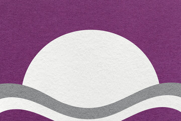 Violet textured paper background with white circle for copy space and gray waves for banner, presentation