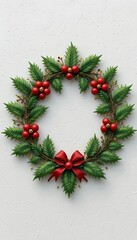 Classic Christmas Wreath with Holly and Red Bow &ndash; Festive Holiday Decoration on Light Background