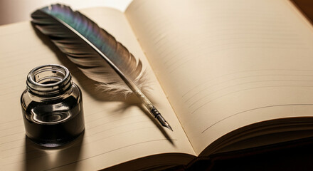 Vintage notebook with inkwell and quill pen.
An old-fashioned writing set featuring a lined paper notebook, a glass bottle of black ink, and a classic feather quill