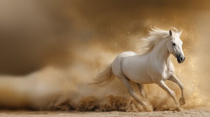 Growth and empowerment visualized as a powerful white horse galloping with immense energy through a dusty desert landscape at golden hour.