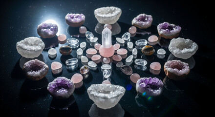 Amethyst and rose quartz crystal healing mandala.
A symmetrical arrangement of purple amethyst geodes and pink quartz stones on a dark reflective surface.