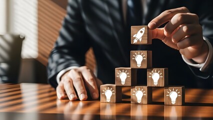 Holographic image concept with businessman building blocks