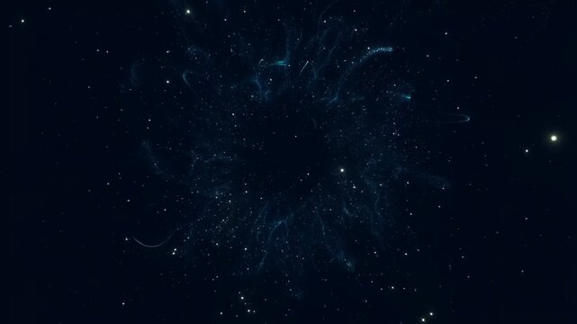 Starry cosmic space with glowing particles and drifting light trails on a deep dark background, animated with slow forward camera motion. Concept of galaxy travel and sci-fi wonder
