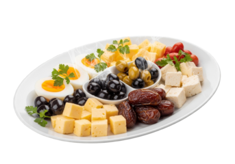 colorful cheese and olive antipasti platter with eggs and tomatoes