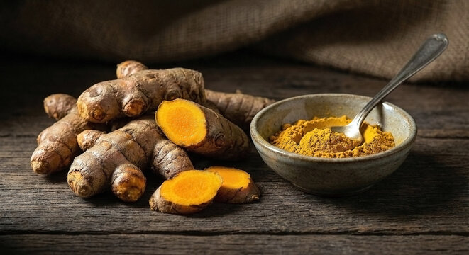 Rustic Fresh Turmeric Rhizomes (Kunyit) Macro Photography of Whole and Sliced Roots with Powder on Dark Wood