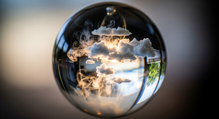 Magic glass sphere with clouds and smoke inside.
A clear crystal ball containing soft white clouds and swirling mist against a blurred aesthetic background