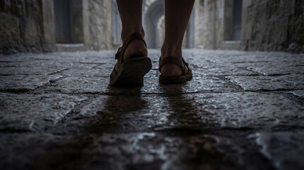Low angle view of man feet wearing leather sandals walking on ancient cobblestone street. Biblical concept of pilgrimage or disciple journey. Religious background of Lent faith.