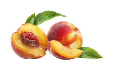 Fresh organic peach and ripe with green leaves are isolated on a white background, showing juicy half-cut sweet summer fruit for a healthy vegetarian diet