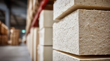 Close-up of stacked insulation boards in a warehouse