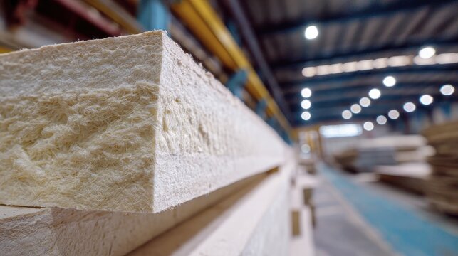 Close-up of fluffy insulation material stacked in a warehouse aisle