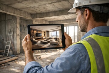 Construction Worker Reviewing Interior Design on Digital Tablet