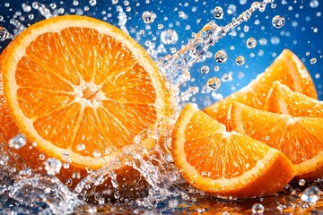 Fresh Orange Slice with Water Splash on Blue Background