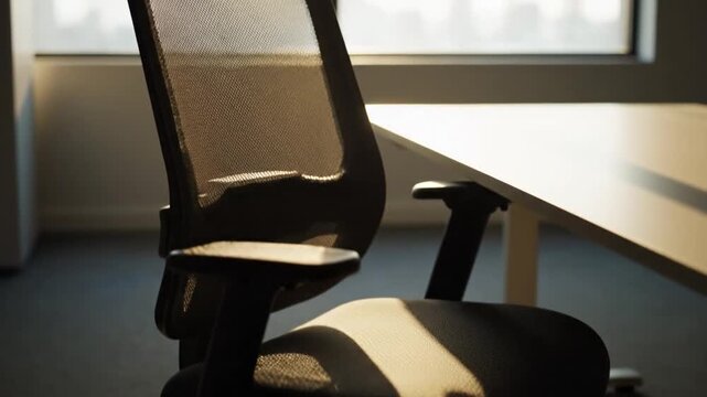 A close-up of an ergonomic mesh office chair next to a white desk, dramatically lit by golden morning sunlight streaming through a window. This modern and empty workspace captures the quiet anticipat