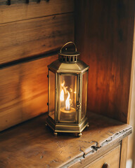 Decorative brass hexagonal lantern with clear glass panels holding a flickering flame on wooden furniture