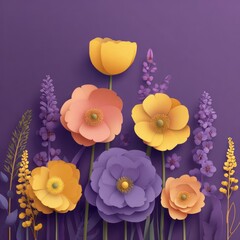 Colorful paper flowers arrangement on a purple background for creative design