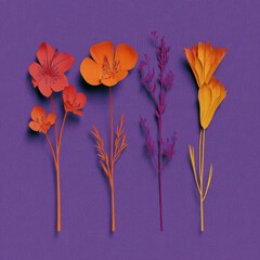 Colorful paper flowers displayed against a purple background studio shot