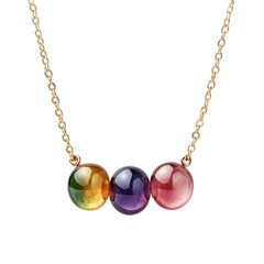 Front view of an ombre gemstone necklace transitioning from dark to light tones floating in the air, studio shot, isolated on a white transparent background