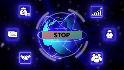 Stop global digital business network with futuristic data icons. Worldwide financial growth and technology connection animation - Powered by Adobe