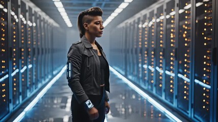 Woman checks holographic smartwatch in data center. Tech worker uses smartwatch with holographic display. Woman in server room uses futuristic smartwatch. Data center worker with holographic tech. - Powered by Adobe