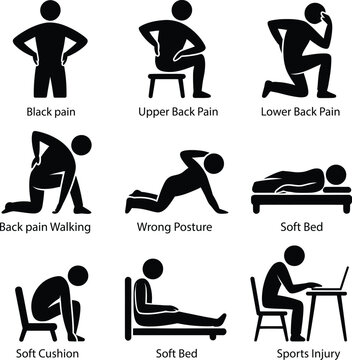 A collection of illustrations showing different types of back pain and improper postures