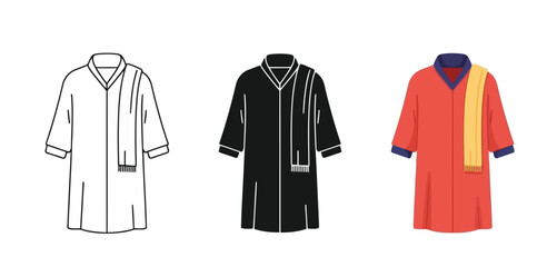 Fashion Designs of Robes, Panjabi Vector Set in Three Styles &mdash; Line Art, Silhouette and Color Version for Islamic Design, App UI, Posters and Branding