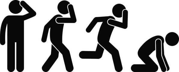 A sequence of four stick figures depicting a person's emotional progression from worry to collapse
