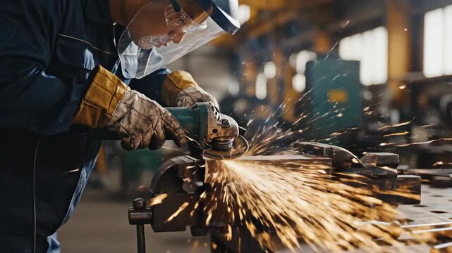 Worker uses an angle grinder on metal producing bright sparks in a workshop