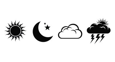 Weather icons representing sun moon clouds and storms in a dark silhouette