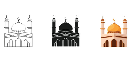 Mosque Icons Vector Set in Three Styles &mdash; Line Art, Silhouette and Color Version for Islamic Design, App UI, Posters and Branding