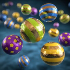 Colorful spheres with various patterns floating against a dark background