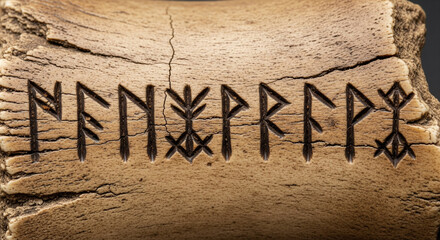Ancient runic symbols and mysterious characters carved into a weathered piece of bone or wood