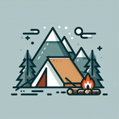 Cozy Campsite Scene with Tent and Campfire in Mountains.