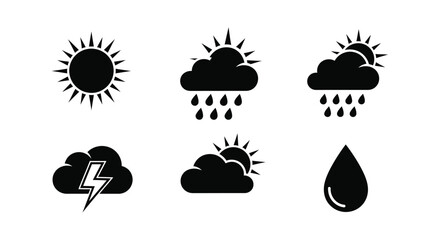 Weather icons depicting sun clouds rain lightning and a droplet all in silhouette