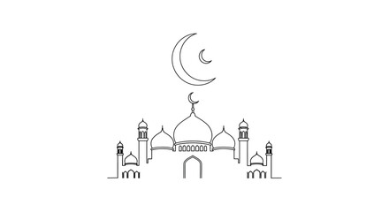 Detailed mosque and crescent moon illustration in a minimalist black and white silhouette