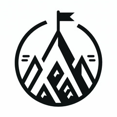 Geometric mountain summit with a flag logo in a circular frame.