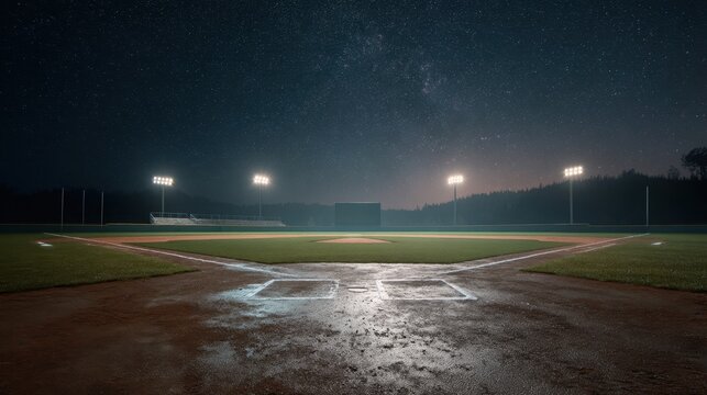 Empty baseball field at night with bright stadium light. Sports stadium under beautiful starlit sky for championship game.