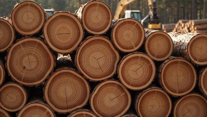 Stacked timber logs with visible growth rings and bark texture. Close up of cut wood pile in a forest with heavy machinery in the background. Lumber industry concept