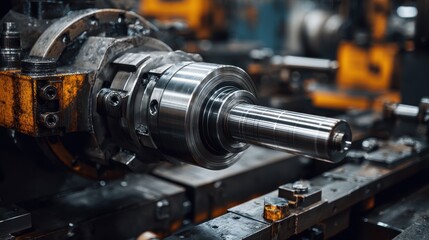 Close-up of a metal shaft being machined on a lathe in a factory