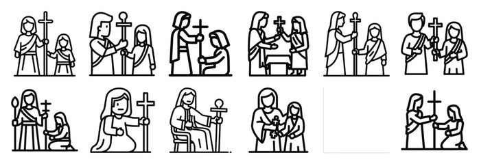 biblical obedience scene Outline Icon Set. Maundy Thursday line art icons
