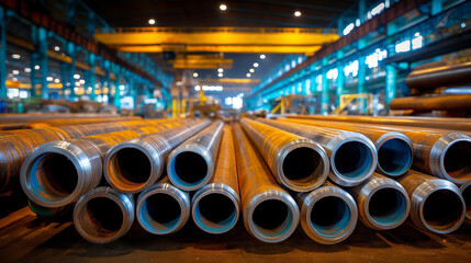 Shiny industrial steel pipes crisscross, brightly lit factory interior, large overhead crane visible, heavy manufacturing processes suggesting, large-scale operations display, industrial