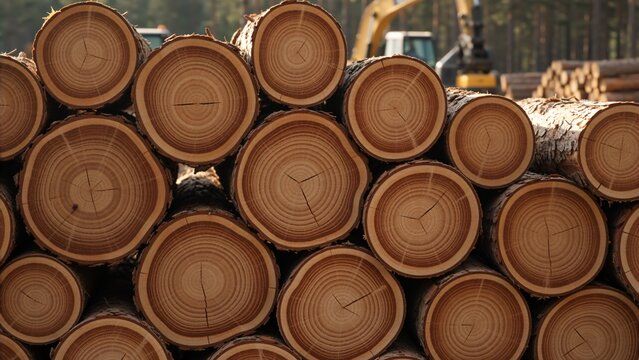 Stacked timber logs with visible growth rings and bark texture. Close up of cut wood pile in a forest with heavy machinery in the background. Lumber industry concept - Powered by Adobe